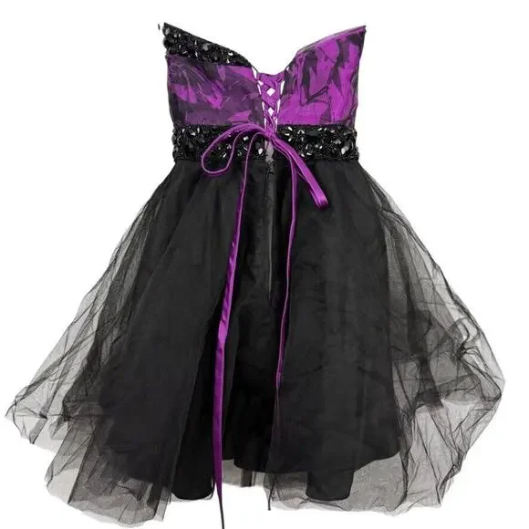 Flirt Maggie Sottero Womens Beaded Black Purple Prom Strapless Corset Dress sz 2 Flirt Maggie Sottero Womens Beaded Black Purple Prom Strapless Corset Dress sz 2